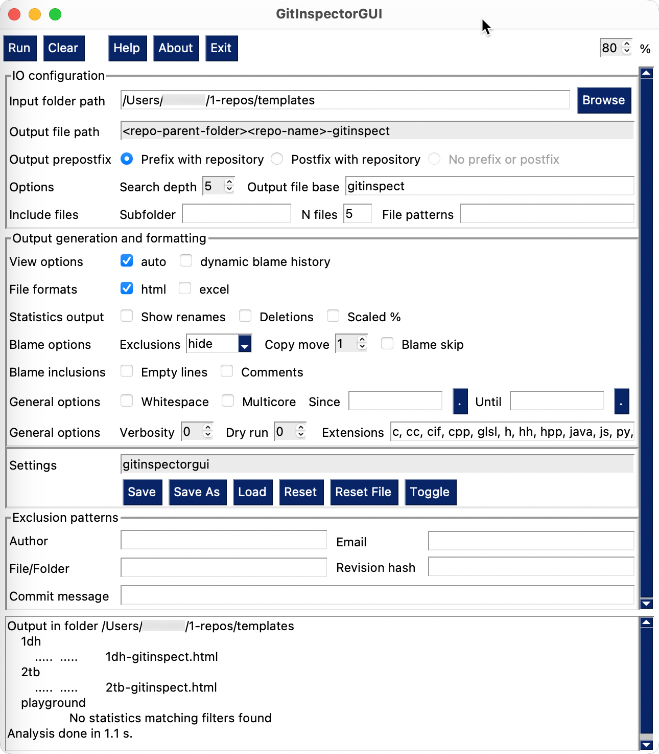 The GUI of gitinspectorgui on macOS.